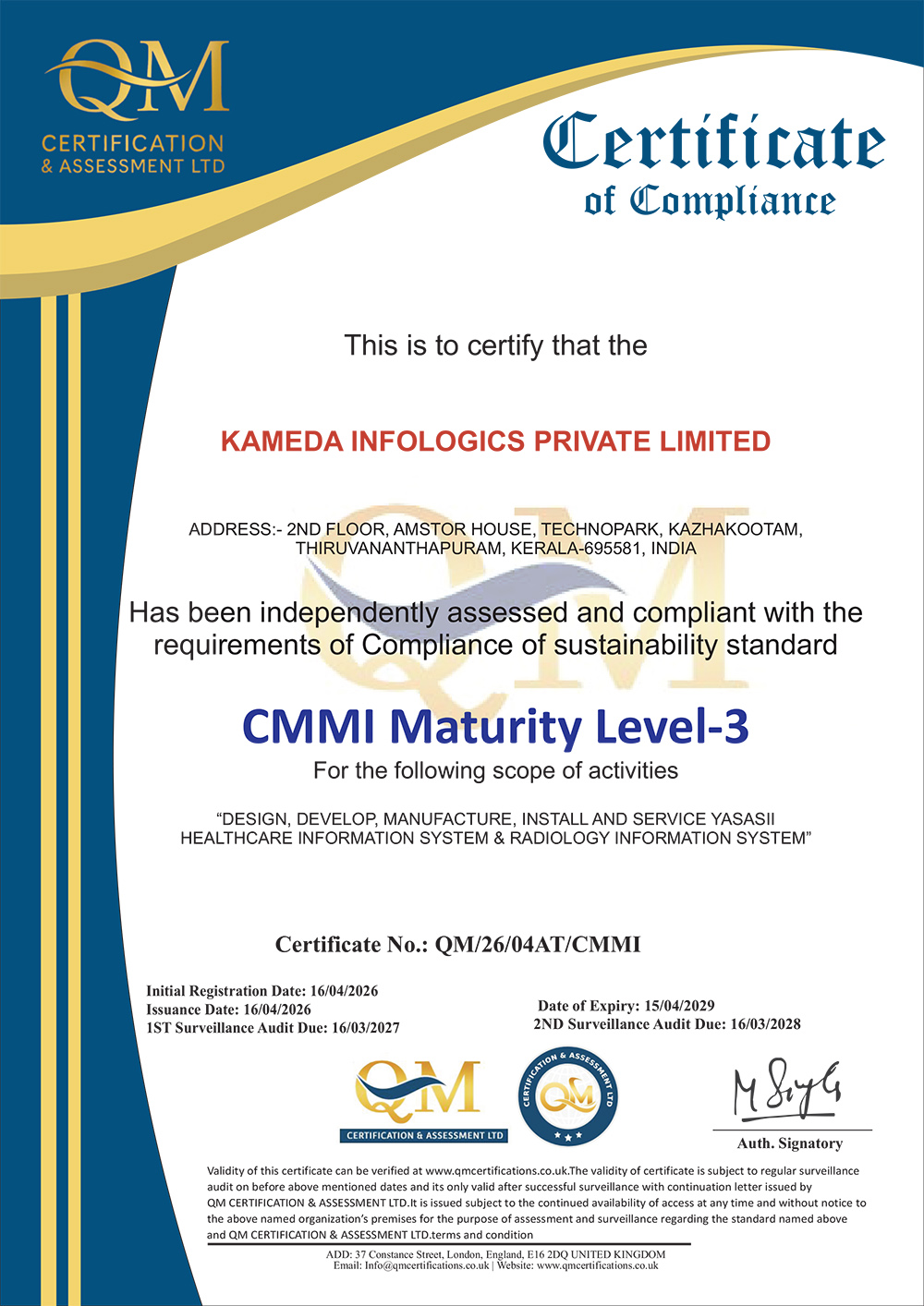 CERTIFICATE OF COMPLIENCE -CMMI LEVEL 3