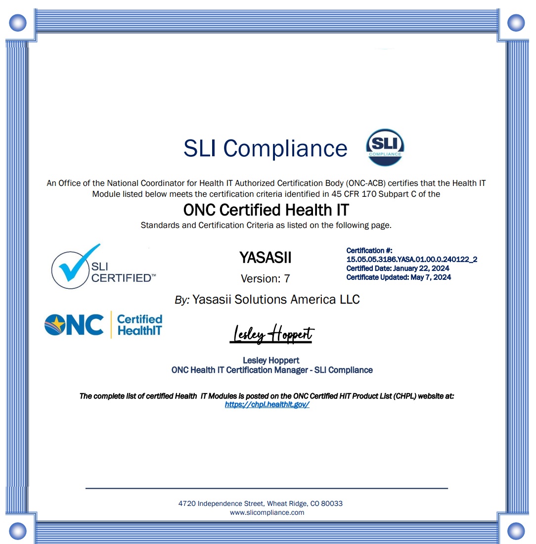 SLI Compliance - ONC - ACB Certified Health IT - Yasasii Version 7